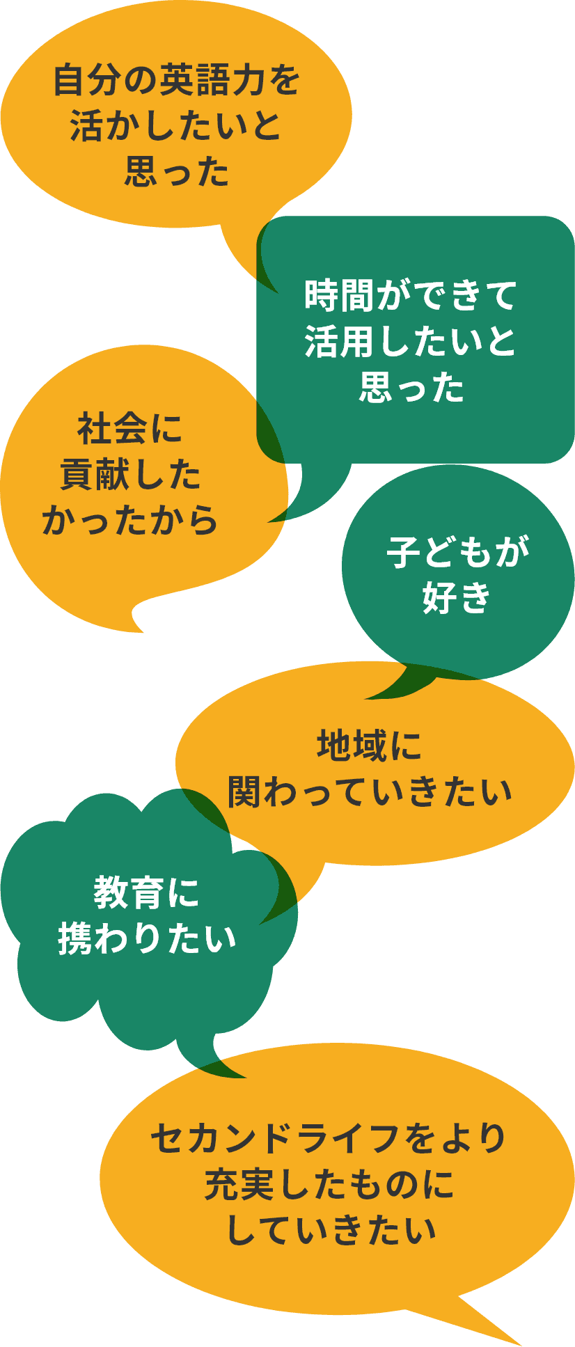 自分の英語力を活かしたいと思った、時間ができて活用したいと思った、社会に貢献したかったから、子どもが好き、地域に関わっていきたい、教育に携わりたい、セカンドライフをより充実したものにしていきたい